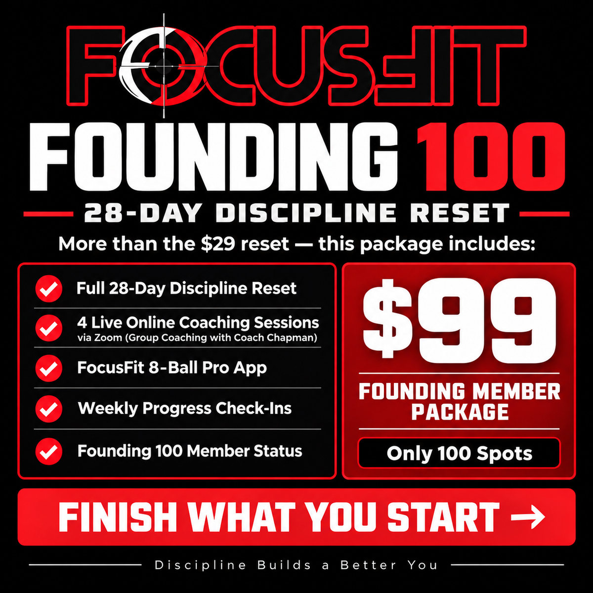 FocusFit Founding 100 $99 package with 4 live online coaching sessions, FocusFit 8-Ball Pro App, weekly progress check-ins, and member status